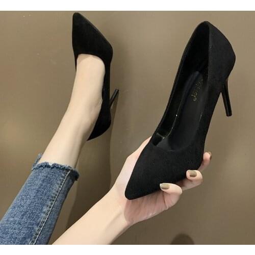 2021 Autumn New Simple Elegant High Heels Stiletto Womens Shoes Pointed Black Etiquette Professional Single Shoes Wedding Shoes