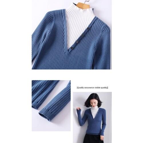 Fake Two-piece Turtleneck Women Sweater Button Decoration Long-sleeved Pullover Stitching Contrast Bottoming Shirt 2020 Autumn