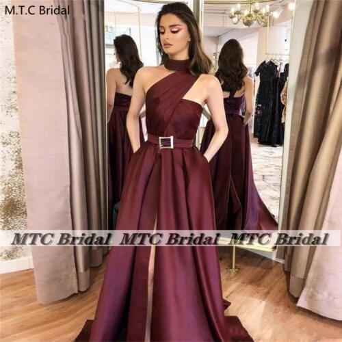 Burgundy Long Prom Gowns 2021 New Backless High Slit Satin Women Formal Gowns With Pockets Robe De Soiree Plus Size