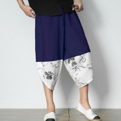 #2537 Summer Beach Cotton Linen Pants Men Retro Chinese Elastic Waist Floral Print Plus Size 5XL Streetwear Linen Harem Trousers