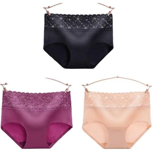 3 PCS/LOT New breathable seamless Lace lingerie Sexy medium waist soft ice silk women underwear cotton panties luxury briefs