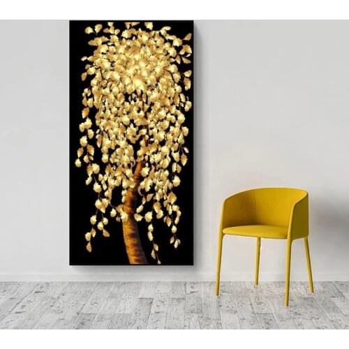 Abstract Golden Leaves and Money Tree Oil Painting on Canvas Posters and Prints Wall Art Pictures for Living Room Cuadros Decor