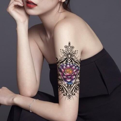Watercolor Lotus Stamen Temporary Tattoo Stickers Black Wings Totem Fake Tattoos Waterproof Tatoos Arm Large Size for Women Girl