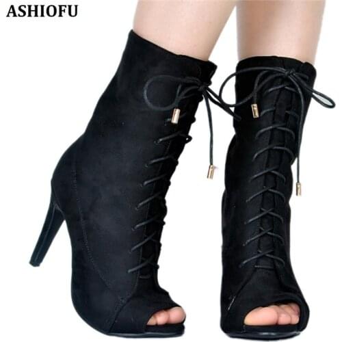 ASHIOFU Handmade Women High Heel Boots Peep-toe Sexy Cross Lace-up Party Prom Ankle Boots Evening Club Fashion Short Boots Shoes