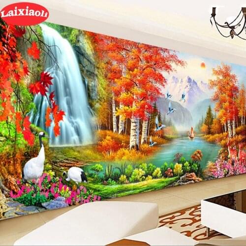 Large 5d diy diamond painting waterfall natural fall tree scenery Full Embroidery mosaic Rhinestone Home decor lake birds art
