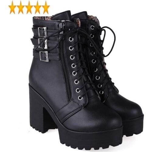 Zip Streetwear Fashion Black Korea Buckle Ankle Boots Womens Autumn New Platform Lace Up Chaussures Femme Motorcycle Bike Shoes