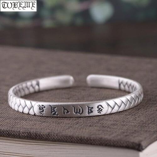 Handmade 100% 999 Silver Lucky Cuff Bracelet Pure Silver Tibetan Six Words Bracelet Buddhist OM Mani Padme Hum Women Bracelet