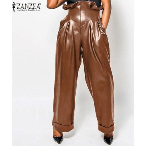 Oversized Women PU Leather Pants ZANZEA 2021 Spring Autumn Ruffle High Waist Wide Leg Pants Casual Solid Pleated Pockets Palazzo