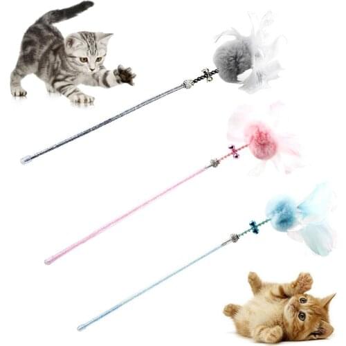 Pet Cat Kitten Teaser Beads Bell Plush Ball Feather Playing Stick Wand Chew Toy