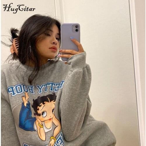 Hugcitar 2020 Long Sleeve Carton Print Oversized Baggy Sweartshirt Autumn Winter Women Fashion Streetwear Casual Clothings