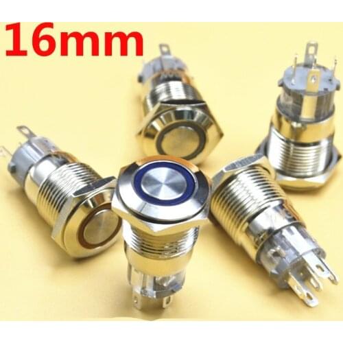 16mm Metal Annular Push Button Switch Ring LED 5-380V 12V 6V Self-lock Momentary Latching non-fixed Waterproof Car Auto Engine