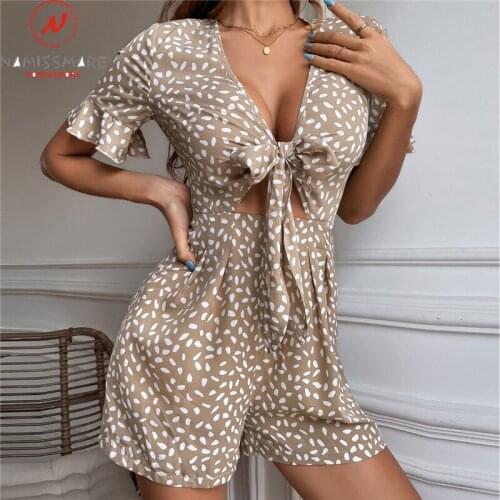Fashion Women Print Playsuits for Streetwear Hollow Out Design Ruffles Bandage Zipper Decor V-Neck High Waist Slim Jumpsuits