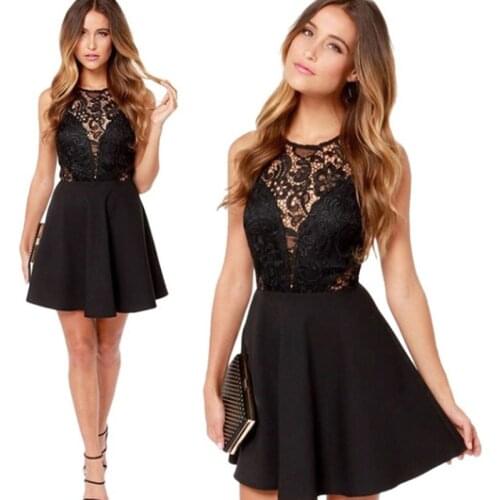Lace Patchwork Mini Dress for Women 2020 Robe Femme Black Summer Tanks Dress O-Neck Backless Fit and Flare Dress