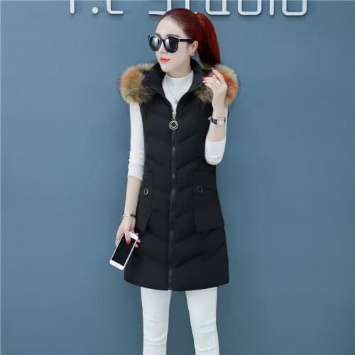 New Women Vest Winter Jacket Pocket Fur Hooded Coat Warm Casual Cotton Padded Long Vest Female Sleeveless Waistcoat Outerwear