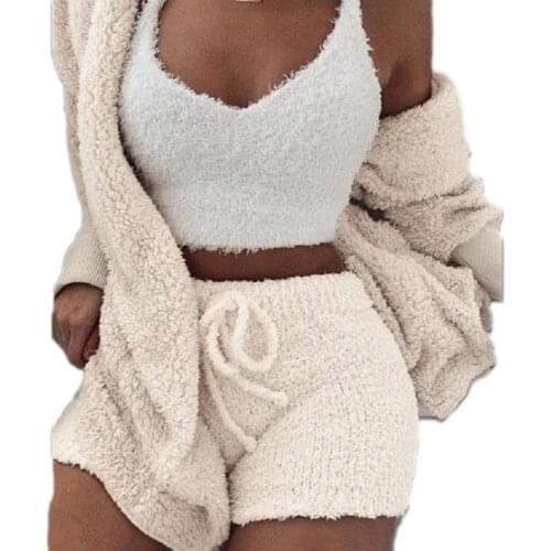 Autumn Winter Women Plush Sexy V-Neck Vest Shorts Long Sleeve Jacket Coat Set