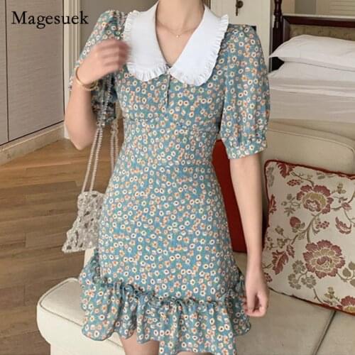 2021 Summer Dress Fashion Women Chiffon Female Puff Sleeve Vintage Floral Print Peter Pan Collar Boho Dress Casual Vestido 14036