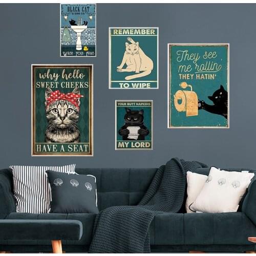 Mental Black Cat Poster Your Butt Napkins My Lord Art Print Vintage Hello Sweet Cheeks Funny Bathroom Canvas Painting Home Decor
