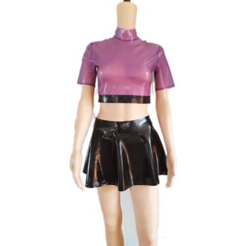 Casual style womens outfits including tranparent purple latex tops and black summer pleated latex skirt