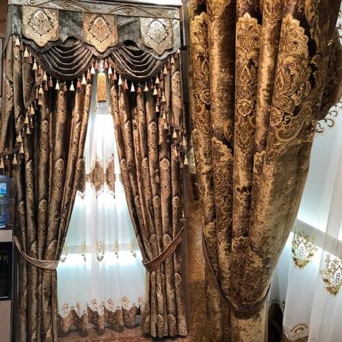 European Palace Luxury Velvet Blackout Curtains Carved Gold Curry Villa Curtains for Living Dining Room Bedroom