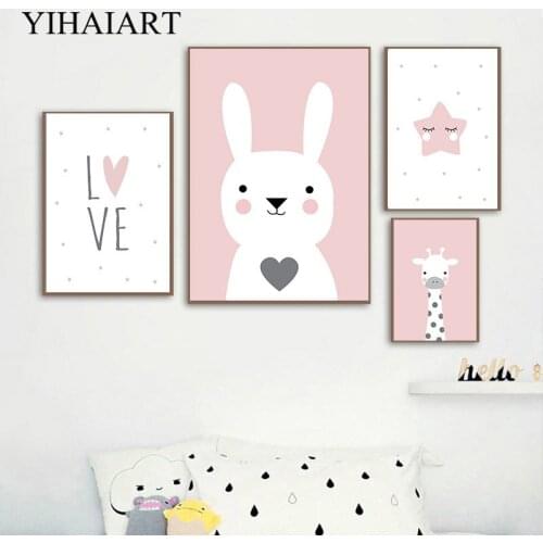 Pink Cartoon Animal Giraffe Bunny Painting Baby Nursery Wall Art Canvas Print Poster Nordic Kid Girl Bedroom Decoration Picture