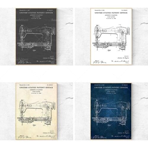 La machine à coudre a été brevetée en 1946. Décoration de la salle de couture. Affiche de plan vintage de couturière. Peinture m