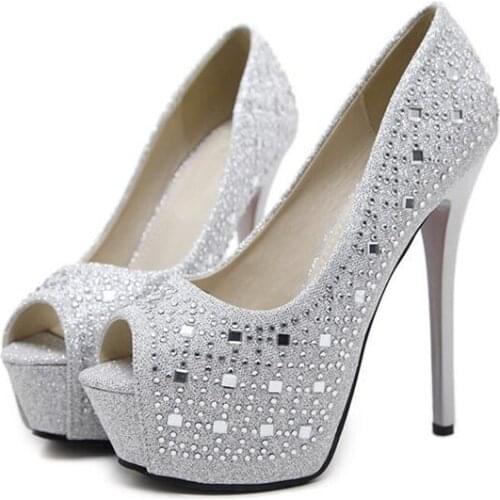 Rhinestone Peep Toe Pumps Platform New Women High Heels Sexy Party Shoes for Women Black Silver Heels Fashion Shoes Woman Heels