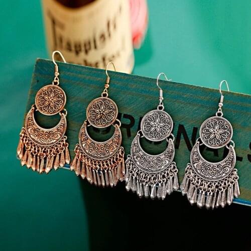 Vintage Boho Flower Carved Alloy Tassel Earrings Jewelry Summer Ethnic Gypsy Earrings For Women Oorbellen