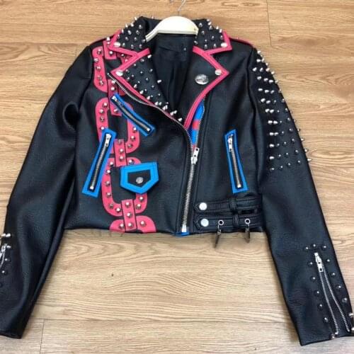 New Graffiti studs pu leather coats Women cartoon Print Leather Jacket Turn-down collar Punk Rock Cropped Jackets F2014