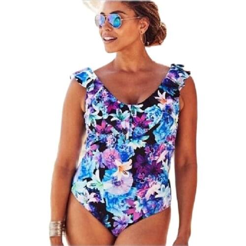 Women One-piece Ruffle Swimsuit Retro Plus Size Print Bikini Vintage Push Up Swimwear Sexy Larger Tankini Body Suit Bathing Suit