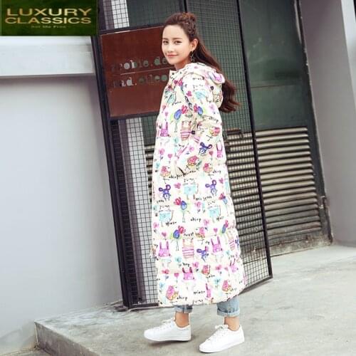 Jacket Winter Womens Down X-Long Down Coat Female Cute Print Thick 90% Duck Down Warm Clothes Hooded Jackets 2021 LWL1067