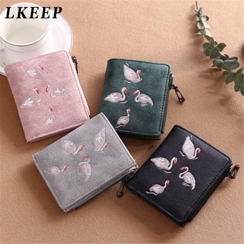 Women Small Wallet Vintage Embroidery Fashion Purse Elegant White Swan Purse Small Card Wallet Coin Pocket Money Bags