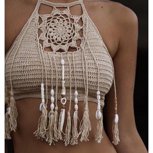 Women Sexy Swimwear Tassel Beach Camis Female Bikini Crochet Crop Tops Handmade Knitted Swimsuit Cover Up Sunabth Tank Tops