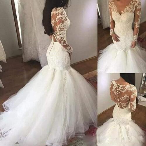 Womens Luxury V-neck Mermaid Wedding Dress White Long Sleeves Wedding Gown Lace Illusion vestido de noiva 2019