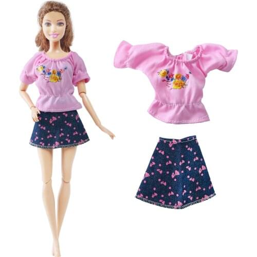 1 Set Handmade Doll Dress Outfit Pink T-shirt Denim Skirt Fashion Casual Wear Girl Clothes for Barbie Doll Accessories Toy Gift