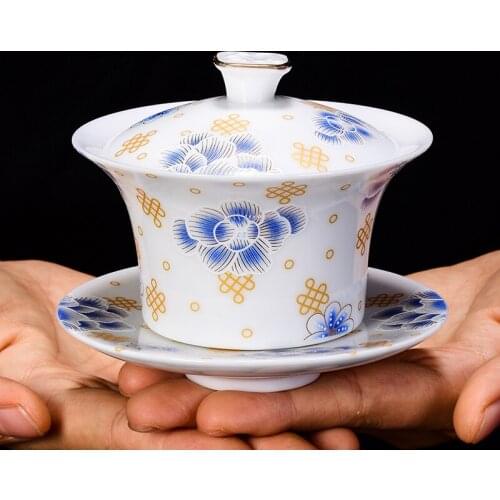 110ml Creative White Porcelain Gaiwan Ceramic Tureen Hand Flower Art Maker Tea Bowl Cup with Lid Cover Saucer Kit Teacup Teaset