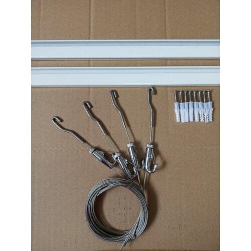 2Tracks+4Cables+4Hooks Black White Wall Mounted Picture Hanging System Art Display Rails Kit Stainless Steel Cable