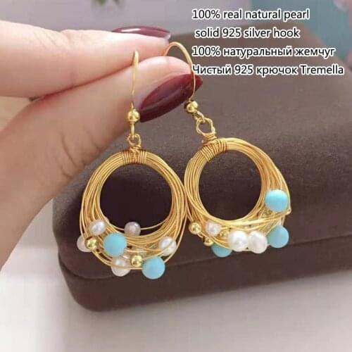 Free shipping 2020 handmade women blue turquoise beads genuine fresh water 3-4mm nice luster pearl gold loop earring