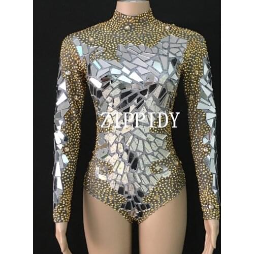 Fashion Bright Gold Rhinestones Mirrors Bodysuit Womens Birthday Celebrate Outfit DS Bar Singer Dancer Show Stretch Outfit