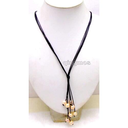 Big 10-11mm Pink Potato Natural Freshwater Pearl & Black Leather 4 strands 32" Long Necklace-nec6148 Wholesale/retail Free ship