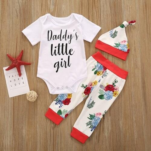 TALLOLY Childrens Clothing Girls Hot Sale Set Cotton Printed Short Sleeve Romper Flower Trousers Hat Three-piece Set