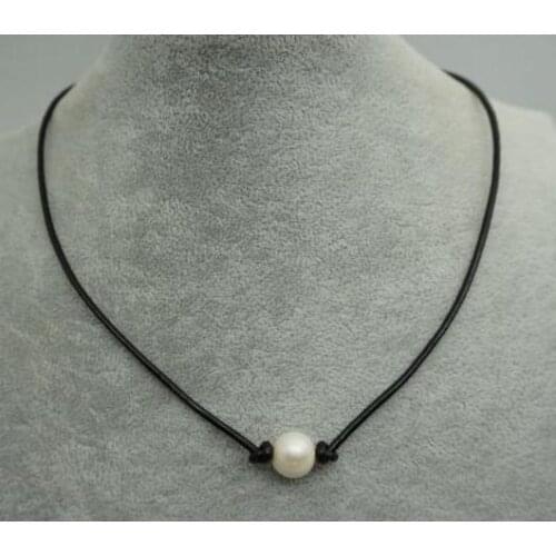 Leather Pearl Choker Necklace,earrings,White Color Freshwater Pearl Black Leather Necklace,Birthday Wedding Jewelry