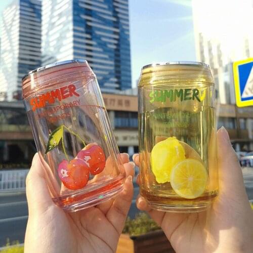 Cool In Summer Cartoon Fruit Can Water Cup Outdoor Sports Girl Heart Portable Hand Cup Creative Trend High-value Water Cup