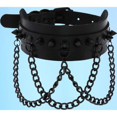 Temperaments-hot fashion punk PU double leather collar black rivet chain with personality cross dark tassel chain neck worn