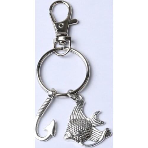 Fashion Fish and Hook Keychain Jewelry Silver Color Fisherman I Love Fishing Fish Pendant lobster dog buckle rotating keychain