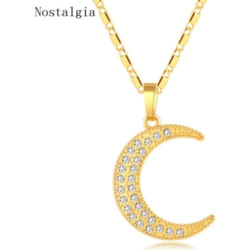 Mens Religious Jewelry Accessories Gold Muslim Crystal Crescent Moon Necklace Women Gift Chain Horn Pendant Necklace Erkek Koly