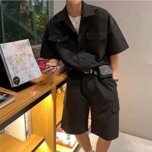 Male Fashion with Leather Belt Bag Men Cargo Overalls Streetwear Korean Rompers Pockets Short Sleeve Button Jumpsuits Women Men