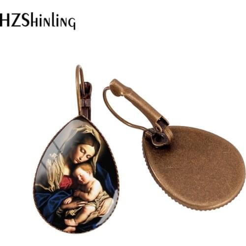 2021 New Blessed Virgin Mary and Jesus Ear Clip Art Tear Drop Earring Handmade Glass Dome Jewelry Earrings