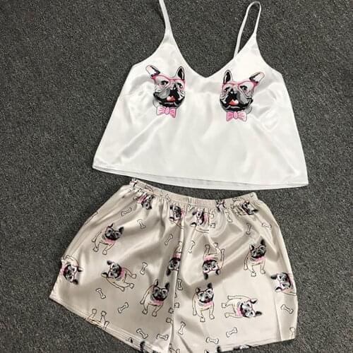 Dog Print Pajamas Womens Sets imitation silk sexy sling two-piece sexy pajamas nightgown Sleepwear conjuntos de pijama