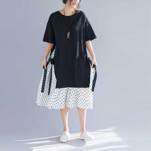 T Shirt Dress Loose Casual Ladies Dresses O Neck Short Sleeve Patchwork Polka Dot Pleated Midi Dress 2019 Summer Dresses AA4782