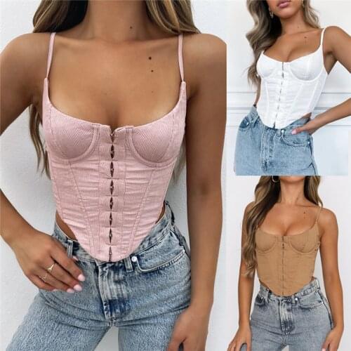 CHRONSTYLE Sexy Women Tube Corset Summer Crop Tops Boning Bustier Backless Camis Push Up Front Button Low Cut Tank Clubwear 2021